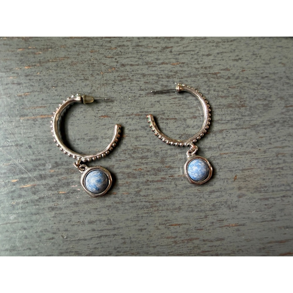 Silver Tone Beaded Hoop Earrings with Blue Marbled Stone Drop Charms Boho